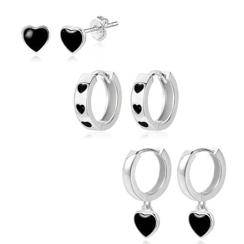 ALEXCRAFT Schwarz Ohrringe Herz Creolen Silber 925 Ohrstecker Set Klein Damen für Frauen Freundin Mama