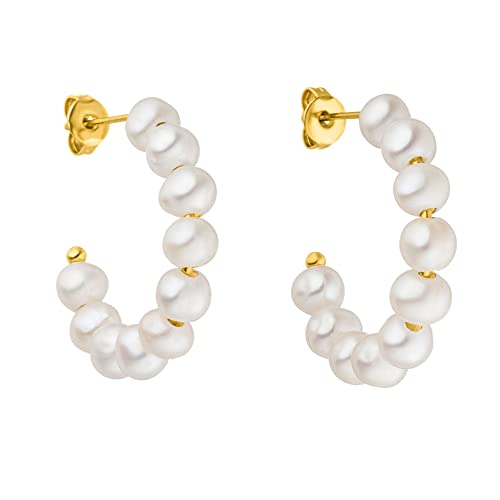 PURELEI Aina Ohrringe Gold Wasserfeste Damen Ohrringe mit Perlen Kleine Creolen aus Edelstahl Geschenk für Frauen 22mm Durchmesser
