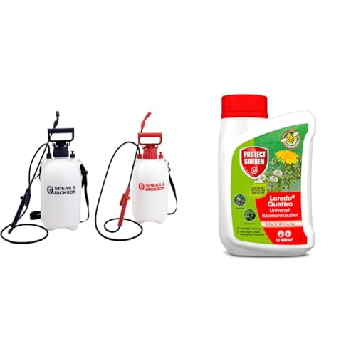 Spear Jackson Drucksprüher 5 l Doppelpack Protect Garden Universal-Rasenunkrautfrei Loredo Quattro Rasen-Unkrautvernichter gegen hartnäckige Unkräuter mit 4-Fach Wirkung 400 ml