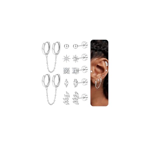 JeweBella 6 Paar Ohrringe Gold Set für Damen Mädchen Helix Piercings Chirurgenstahl Piercing Ohr Hypoallergen 14K Vergoldet Medizinische Ohrstecker Creolen mit Kette Knorpel Ohrringe Set Silber Gold
