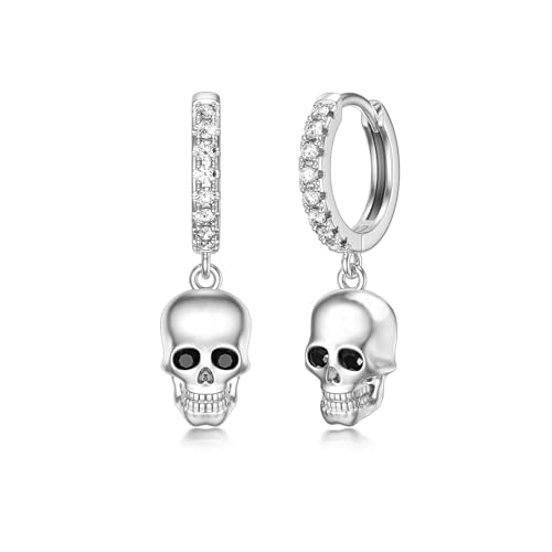 Totenkopf Ohrringe 925 Sterling Silber Totenkopf Huggie Creolen Ohrringe Halloween Ohrringe Gothic Totenkopf Schmuck für Unisex Damen Herren Mädchen Teenager Geschenke