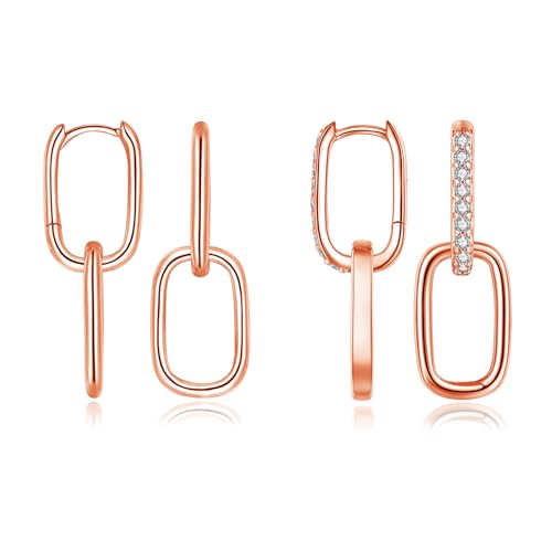 Cangall Ohrringe Silber 925 Mit Anhänger 2 Paare Sterling Silber Damen Ovale Creolen Set Doppelt Eckige Hängend Rose Gold Schlafen Knorpel Geometrische Ohrhänger
