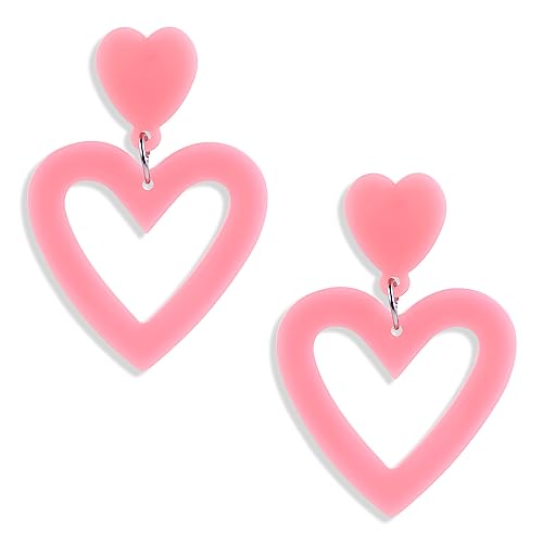 Neon Herz Ohrringe Damen - Acryl Creolen Vintage 80er Jahre Party Mädchen - Halloween Weihnachten Kostümparty Earrings 70er 90er Jahre Partyzubehör Rosa