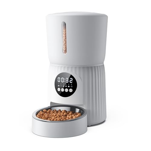 Faroro 4L Futterautomat Katze Katzenfutter Automat mit Edelstahlnapf 1-6 Mahlzeiten Tag 30s Voice Recorder Trockenfutter für Katzen Frischekonservierung Doppeltes Netzteil Katzen Futterautomaten