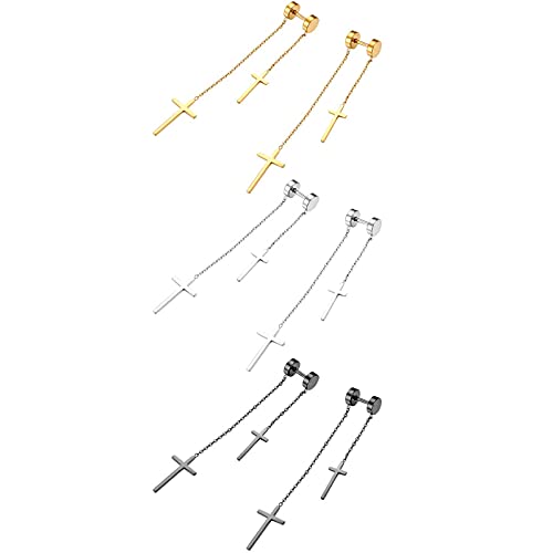 Flongo 3 Paar Kreuz Ohrringe aus Edelstahl Creolen Ohrringe mit Kreuz Anhänger Damen Ohrringe Herren Ohrstecker Hängendes Kreuz Schmuck Geschenk zu Ostern Weihnachten Halloween