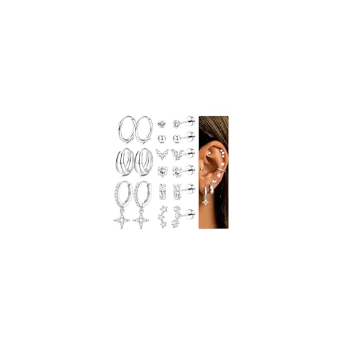 Adramata Ohrringe Damen Gold Edelstahl Ohrring Set Hypoallergen Ohrstecker Klein Creolen Ohrring Hängend Damenohrringe Piercing Ohr Tragus Helix Piercings Ohrringe Gold Silber 9Paar