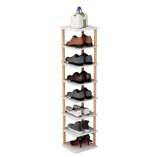 SaiDuoDuo Stapelbarer Schuhhalter für Eingangsbereich Kombischuh-Organizer aus Holz vertikales Schuhregal werkzeuglose Montage Schuhturm Weiß 8 Layers