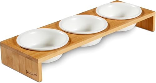 PIUPET 3er Katzennapf Set - Keramikfressnäpfe Katzen mit Napferhöhung aus Bambus - 250ml