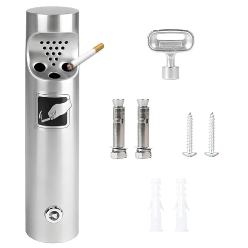 WIYETY Aschenbecher Wandmontage Edelstahl Wandaschenbecher für Draußen mit Schloss Standaschenbecher für Draußen für Draußen Restaurants Hotel Terrasse Büros - Silber 6 3 x 30cm