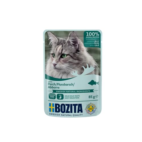 Bozita Pouch Nassfutter Häppchen in Gelee mit Barsch - 12x85g Portionsbeutel getreidefreies weizenfreies Futter für Katzen - Katzennassfutter für erwachsene Katzen mit 8 5% Protein 4 5% Fettgehalt