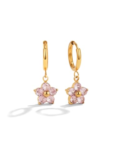 Pink Little Flower Hoop Ohrringe Creolen Damen Ohrringe 18 K gold vergoldet Creolen mit Rosa Zirkonia Hochwertige Ohrringe in Schmuck Geschenk Box Gold 10mm