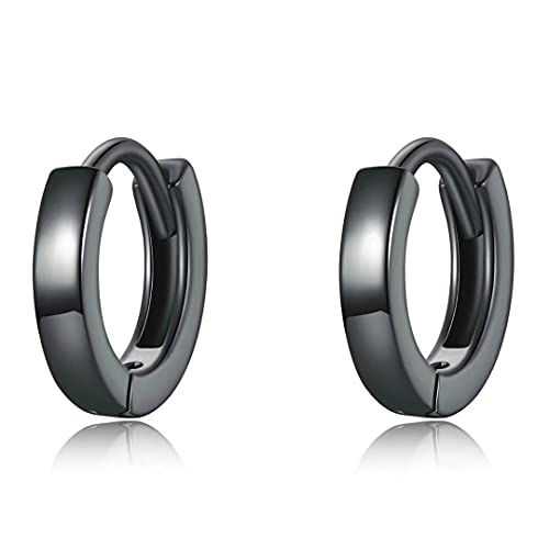 Qings Mode Klein Schwarze Creolen Ohrringe Sterling Silber 925 Matte Mini Schmale Kreis Ohrringe Sehr Klein Klappcreolen Ohrring Unisex Punk HipHop Schmuck Geburtstags Geschenke für Damen Mädchen 9mm