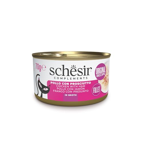 Schesir Hähnchenfilets mit Schinken in Brühe ergänzendes Nassfutter für Katzen Originalrezept 100% natürlich 12 Dosen 70 g