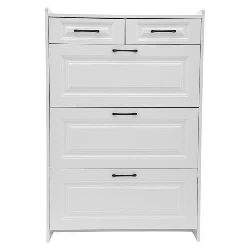 KOLHGNSE Schuhschrank Schuhregal Schuhkipper Schmal 2 Schubladen 3 Flip Klappen Schuhschrank Weiss Verstellbar Anti Kipp Vorrichtung für Eingangsbereich Flur 80x 24x 120 cm