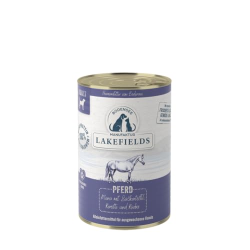 Lakefields Premium Hundefutter Nass Pferd 60% 6x400g Getreidefreies Nassfutter für Hunde Natürliche Zutaten in Lebensmittelqualität Süßkartoffeln Karotte und Kürbis Schonend gegart