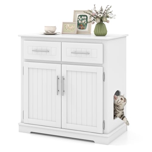 GYMAX Katzenschrank Katzenklo Schrank 80 x 45 x 80 cm Katzenhaus mit 2 Türen 2 Schubladen Katzenhöhle mit Anti-Kipp-Vorrichtung für Eingangsbereich Wohnzimmer Weiß