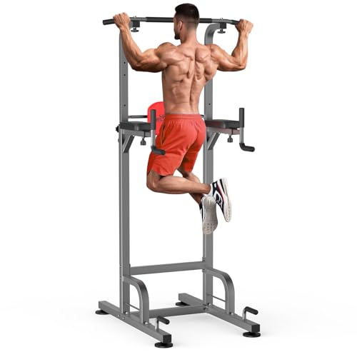 RELIFE REBUILD YOUR LIFE Power Tower Klimmzüge Dips Höhenverstellbares Multifunktions Fitnessgerät Zuhause Kraftstation Klimmzugstange Dip Station Liegestützgriffe Grau 1