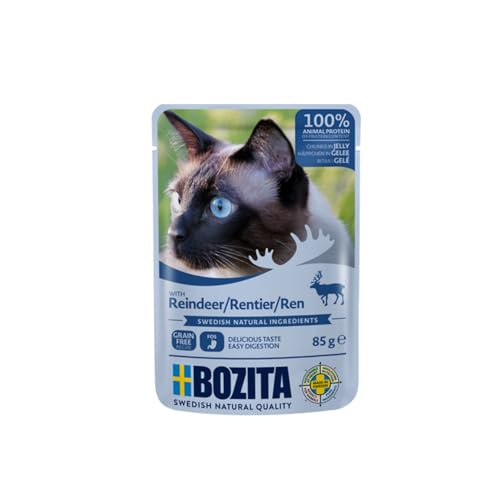 Bozita Nassfutter Häppchen in Gelee mit Rentier - 12x85g Portionsbeutel getreidefreies weizenfreies Futter für Katzen - Katzennassfutter für erwachsene Katzen mit 8 5% Protein 4 5% Fettgehalt