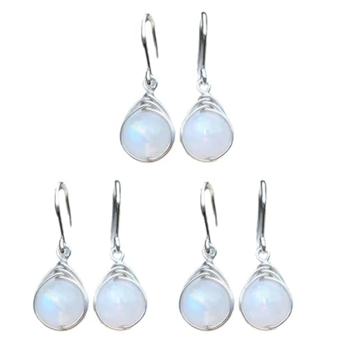 3-teiliges Set mit natürlichen Mondstein-Tropfen-Ohrringen baumelnde Creolen mit Mondstein und Akzenten perfekt für Frauen Einheitsgröße Edelstahl Kein Edelstein