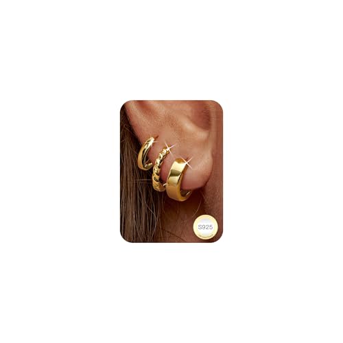 ORAZIO 3 Paar Ohrringe Creolen Silber 925 für Damen Ohrringe Gold Creolen Klein Mini Piercing Ohr Goldene Ohrringe Damen Hypoallergene Huggie Knorpel Ohrringe Set Schmuck