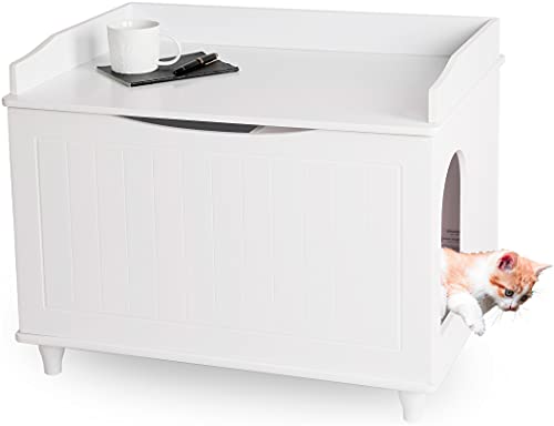 WONDERMAKE Katzenschrank für Katzentoilette groß aus Holz Katzenklo-Schrank Kommode XL Design Katzen-Haus Toilette Klo Waschbecken-Unterschrank für Bad 73 5 x 51 5 x 57 cm weiß