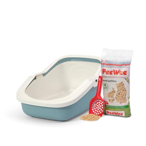 Katzentoilette PeeWee EcoMinor Katzenklo offen Schale Katzen WC inkl. 3kg Streu Holzpellets Pellets Farbe Taubenblau-Creme