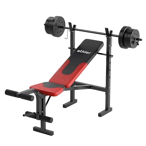 Athler Zone 20 langhantel set Beinpresse 20 kg Bitumen-Gewichten Verstellbare Rückenlehne Hantelbank Klappbar Rückenlehne Heimfitness Trainingsbank Schwarz-Rot