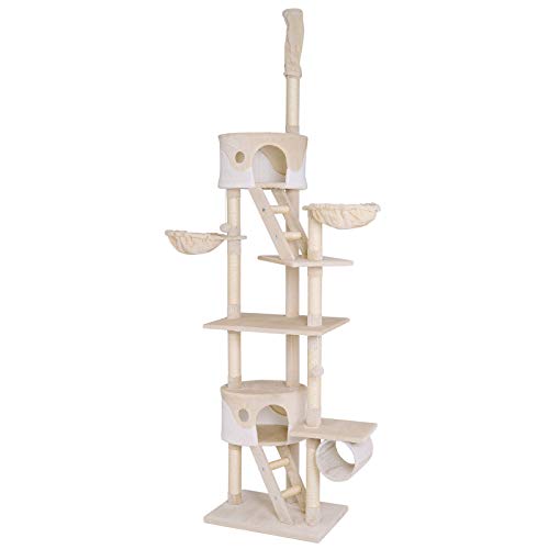 lionto XXL für Sisal Plüsch Höhe 230 250 cm Katzenbaum Plüschbällen inkl. Glöckchen Hängematten Tunnel Höhlen für kleine große geeignet beige weiß