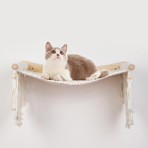 Makramee-Katzen-Wandregal Hängematte - Gemütliche Katzenbetten mit Fensterplatz für Indoor-Spaß Schlafen Klettern hält bis zu 13.6kg Baumwollseil Beige Weiß - Baumwollseil