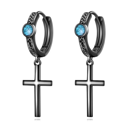 Schwarze Kreuz Creolen Ohrringe 925 Sterling Silber Türkis Kelten Knoten Huggie Ohrringe Wikinger Kreuz Hängende Schmuck Geschenke für Männer und Frauen