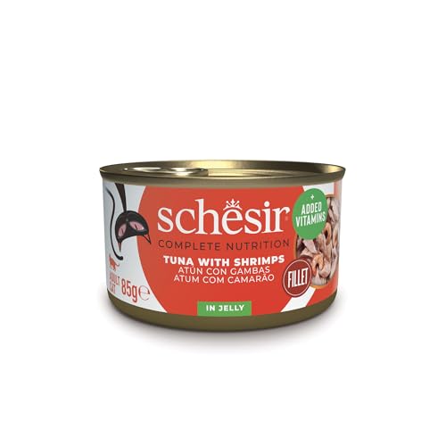 Schesir Thunfisch mit Garnelen in Gelee Nassfutter für Katzen in Dosen 100 % natürlich mit zusätzlichen Vitaminen 12 x 85 g