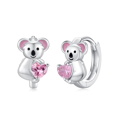 REDSUN Koala Creolen Ohrringe Mädchen 925 Sterling Silber Ohrringe mit Pink Herz Zirkonia Tiere Koala Schmuck für Damen Frauen Kinder Tochter Freundin Mutter Valentinstag Geburtstag Geschenk