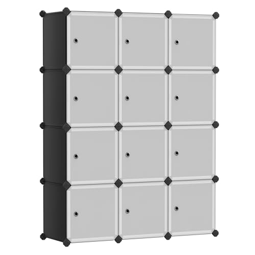 SONGMICS Regalsystem Set 12 Würfeln Kleiderschrank Kunststoff mit Türen Steckregal Aufbewahrung von Kleidung Schuhen Büchern einfache Montage schwarz LPC34HV1