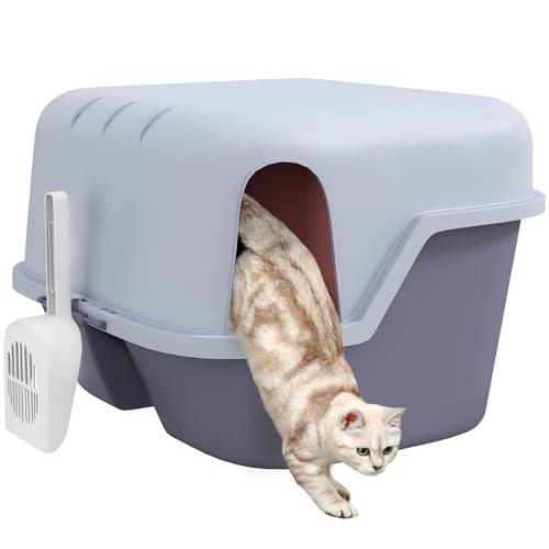 PawHut Katzentoilette mit Deckel Katzenklo mit Sieb Schaufel geschlossen Katze Toilettenhaus für kleine Katze unter 3 5 kg Indoor Kunststoff Violett
