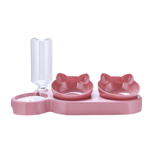 Milageto Dreifacher Katzennapf automatischer Wasserflaschenspender für den Innenbereich Futternäpfe geneigte erhöhte Wasser- und Futternäpfe für Kätzchen Pink Rot