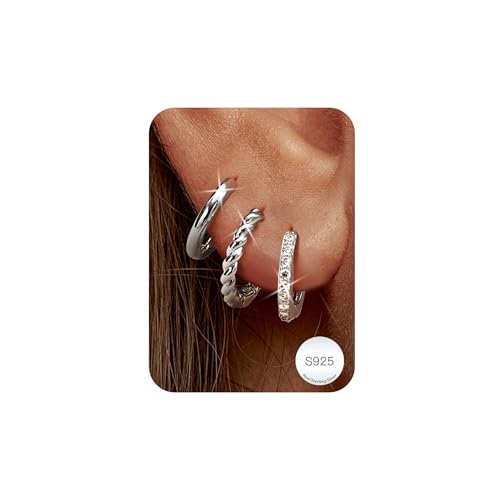 ORAZIO 3 Paar Ohrringe Silber 925 Creolen für Damen Piercing Ohr Mini Ohrstecker Creolen Silber Klein Hypoallergene Silber Huggie Knorpel Ohrringe Set Schmuck