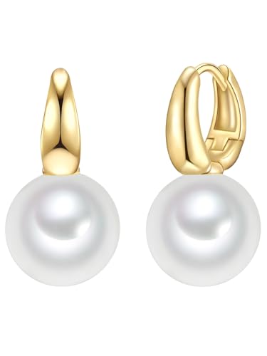 Rafaela Donata Damen Creolen aus 925 - Sterling Silber gelbvergoldet mit Rund Muschelkernperle 12 mm weiß - Klappcreolen Perlencreolen Gelbgold