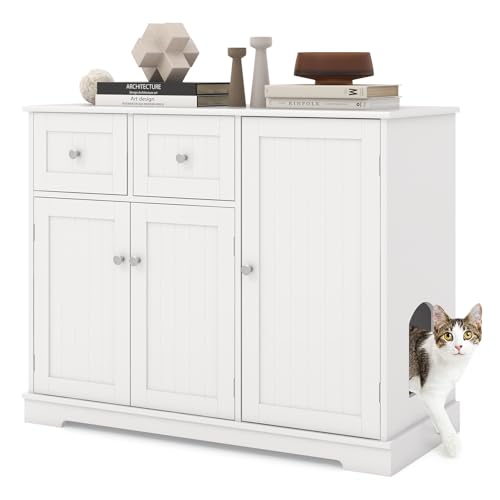 GOPLUS Katzenschrank für Katzentoilette Beistellschrank mit 3 Türen Katzenklo mit geräumiger Oberseite 2 Aufbewahrungsschubladen und seitlichem Eingang für Katzen 100 x 45 x 80 cm Weiß