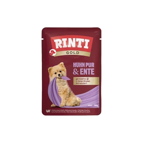 RINTI - Gold Leicht verdauliches Nassfutter für kleine ausgewachsene Hunde. Alleinfutter im Frischebeutel ohne Formfleisch Soja oder künstliche Zusätze 10x100g Huhn Pur Ente