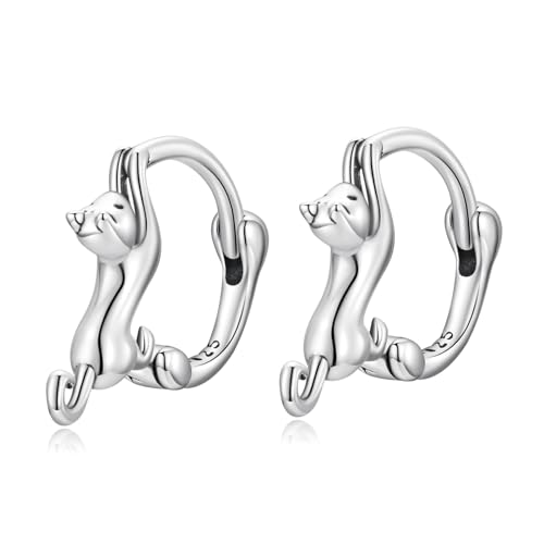 Qings Katze Creolen Ohrringe für Damen 925 Sterling Silber Süß Klein Katzen Creolens Ohrring Tier Mini Hoop Huggie Schöne Schmuck Katzen Geschenk für Frauen Mädchen Tochter