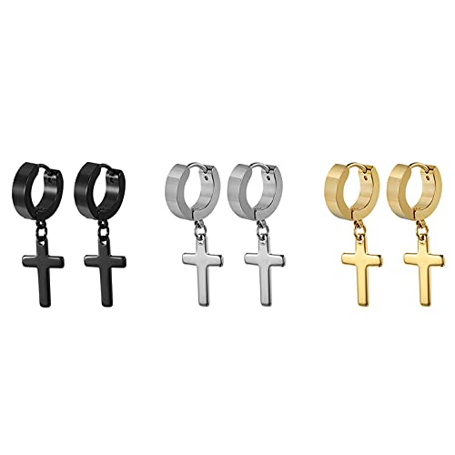 OIDEA Unisex Ohrringe Creolen Kreuz 3 Paare Damen Herren Kreuz Ohrhänger Ohrclip Set Schwarz Gold Silber Geschenk für Männer Frauen