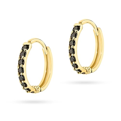 MARKO Echtgold Creolen Ohrringe 8 Karat Gelbgold 10mm mit Zirkonia Steinen Wasserfest Flacher Rücken Eleganter Gold Schmuck Schwarz