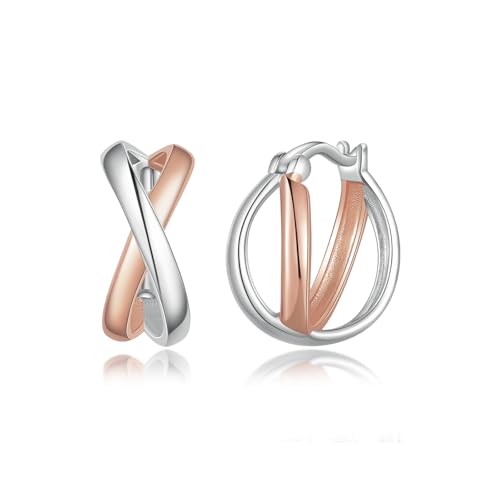 PHNIBIRD Ohrringe Rosegold 925 Sterling Silber Minimalistisches X Form Bicolor Hypoallergene Roseold Ohrringe Creolen Geschenk für Frauen