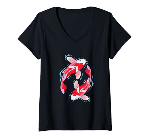 Damen Japanischer Koi-Karpfen im Koi-Teich T-Shirt mit V-Ausschnitt