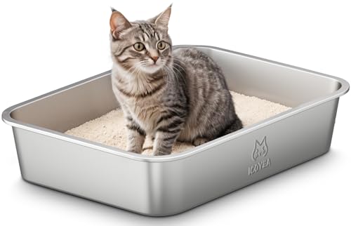 Edelstahl Katzenklo Katzentoilette mit Hohem Rand Katzentoilette Edelstahl Offen Metall Katzenklo für Kleine Katzen Kaninchen Antihaftbeschichtet Geruchsfrei Leicht zu Reinigen 32x22x7cm