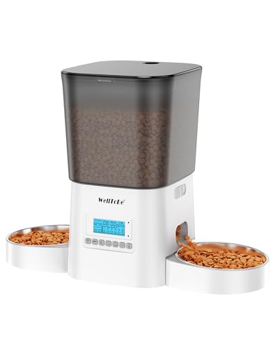 WellToBe Futterautomat für 2 Katzen Automatischer Futterspender für 2 Haustiere mit Trockenmittelbeutel Pet Feeder mit Timer zu 6 Mahlzeiten am Tag mit Portion Steuerung Dual Stromversorgung