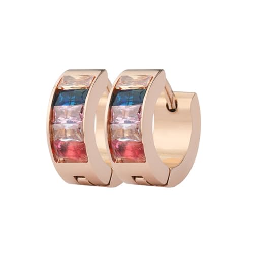 HIJONES Damen Edelstahl Rechteck Regenbogen CZ Intarsien Kleine Hoggie Creolen LGBT Pride Lesbisch Bisexuell Nichtbinäre Asexuelle Flagge LGBTQ Ohrstecker Schmuck Rotgold