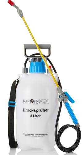 Nanoprotect Drucksprüher 5 L Universelle Sprühflasche für Essigsäure Wasser Dünger und mehr Mit Schlauch Tragegurt und Verstellbarer Düse aus Kunststoff Weiß Gelb Grün