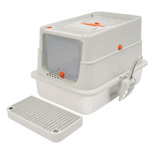 Edelstahl Katzenklo mit Deckel 60 41 39cm Geschlossene Katzentoilette XXL Katzenklo 31L Katzen Toilette mit Trettstufe und Anti-Scharr-Schutz für große Katzen bis 15kg Hellgrau