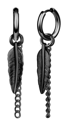 Yumilok Feder Punk Creolen Edelstahl Blatt Huggie Ohrstecker Scharnier Unisex Piercing Schmuck Feder Anhänger Ohrringe Lange Kette Baumeln Ohrringe